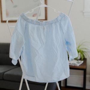 Off the shoulder white and blue striped top